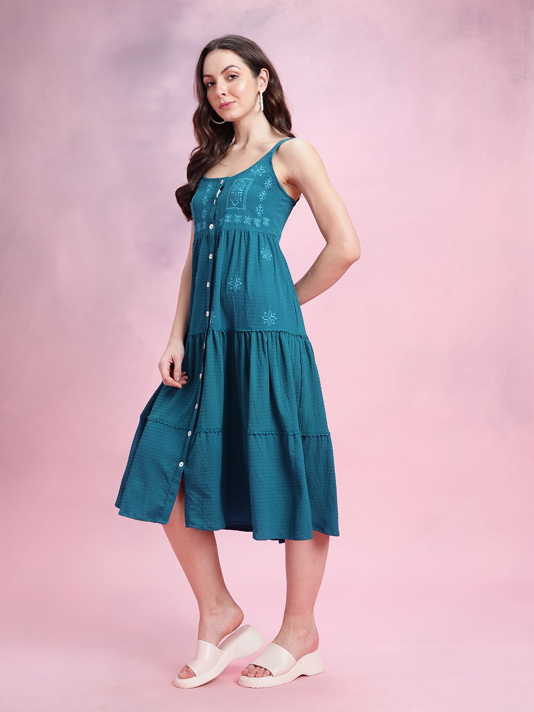 DressBerry Floral Embroidered Tiered Fit & Flare Midi Dress