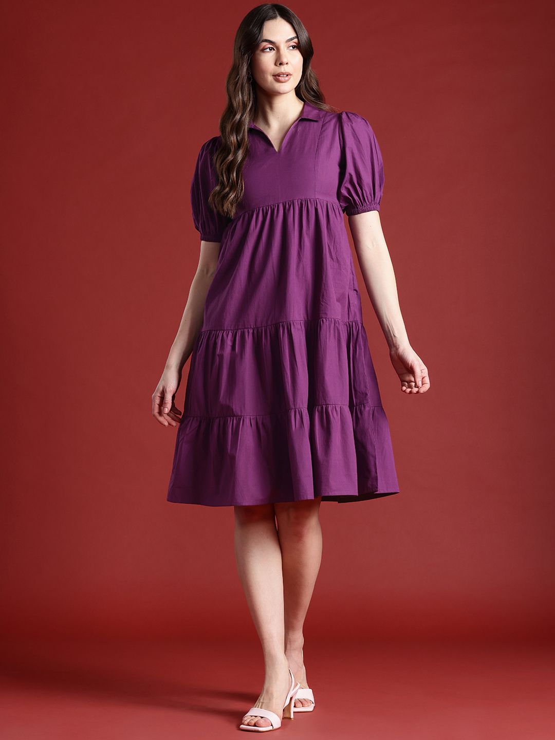 all about you Cotton Puff Sleeves Tiered A-Line Dress