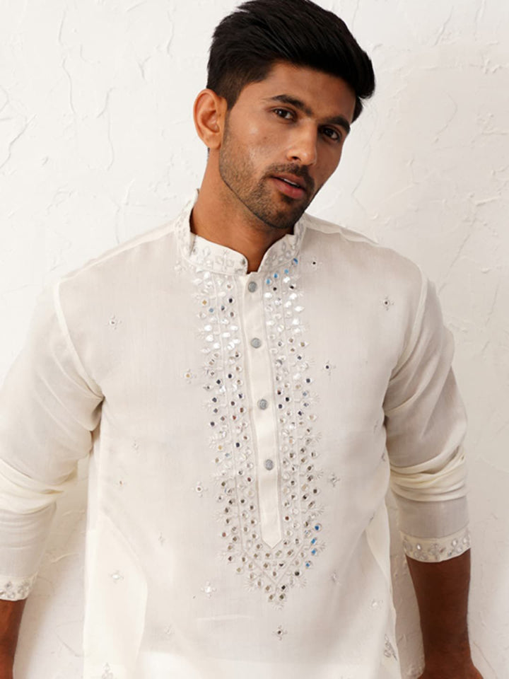 Jompers Floral Embroidered Mirror Work Mandarin Collar Cotton Silk Straight Kurta