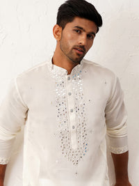 Jompers Floral Embroidered Mirror Work Mandarin Collar Cotton Silk Straight Kurta