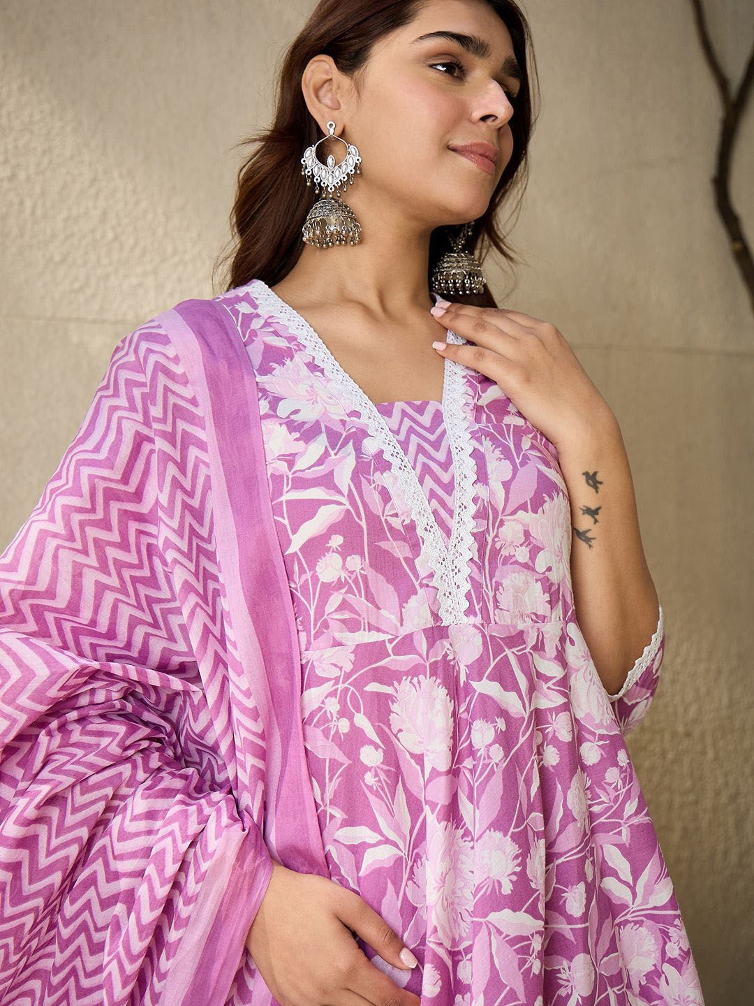 Indo Era Floral Printed V Neck Pure Cotton Panelled A-Line Kurta with Trousers & Dupatta