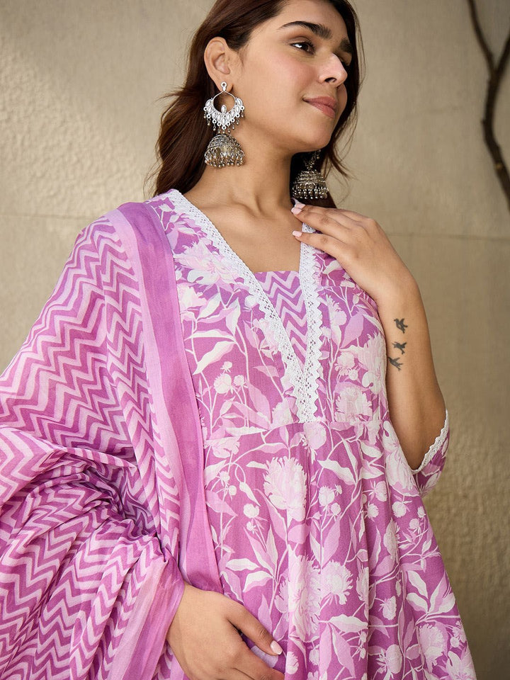 Indo Era Floral Printed V Neck Pure Cotton Panelled A-Line Kurta with Trousers & Dupatta