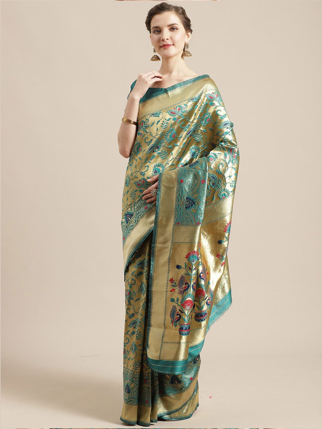 Saree mall Teal & Beige Woven Design Zari Silk Blend Heavy Work Sarees