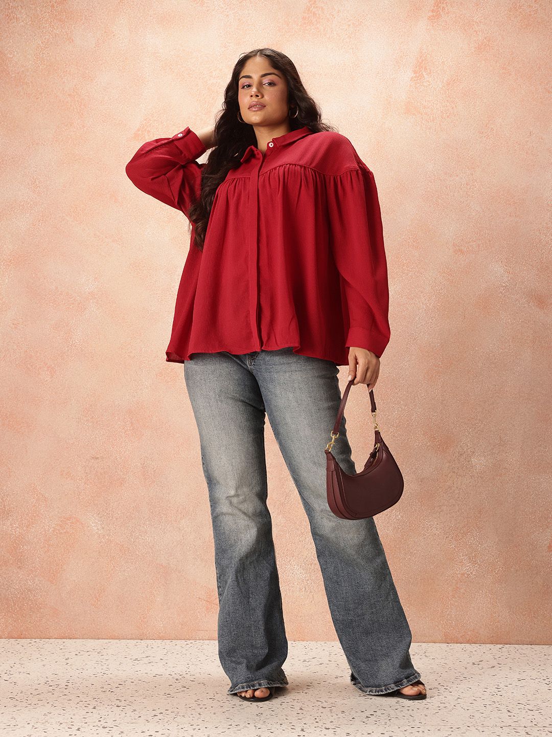 all about you Plus Size Puff Sleeves Shirt Style Longline Top