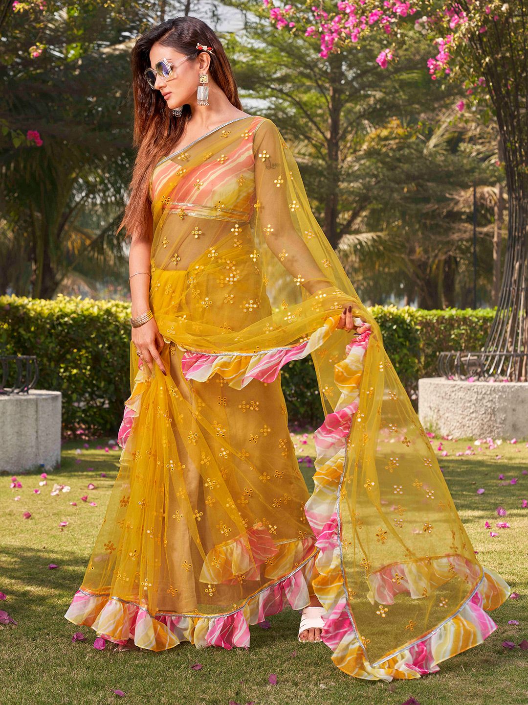 Tikhi Imli Yellow Embellished Mirror Work Net Ruffle Saree