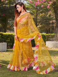 Tikhi Imli Yellow Embellished Mirror Work Net Ruffle Saree