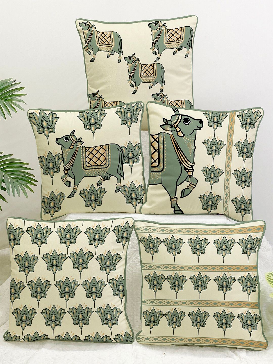 STITCHNEST Cream-Coloured & Olive Set of 5 Ethnic Motifs Velvet Square Cushion Covers