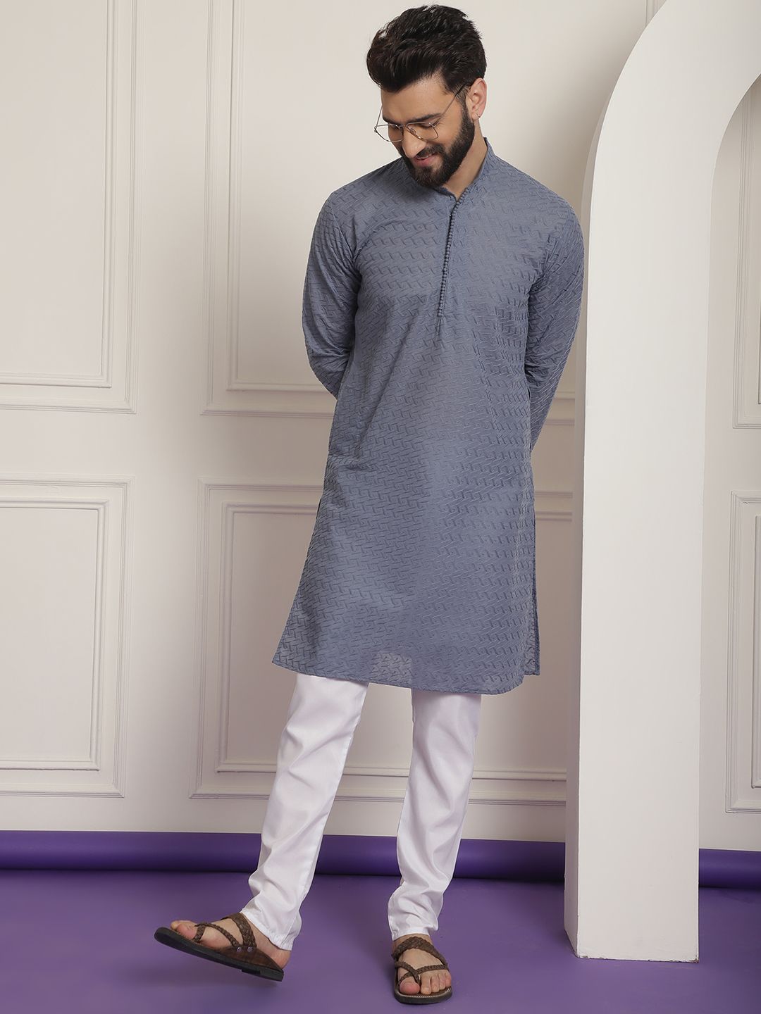 SOJANYA Motif Etnik Sulam Kurta Kapas Tulen