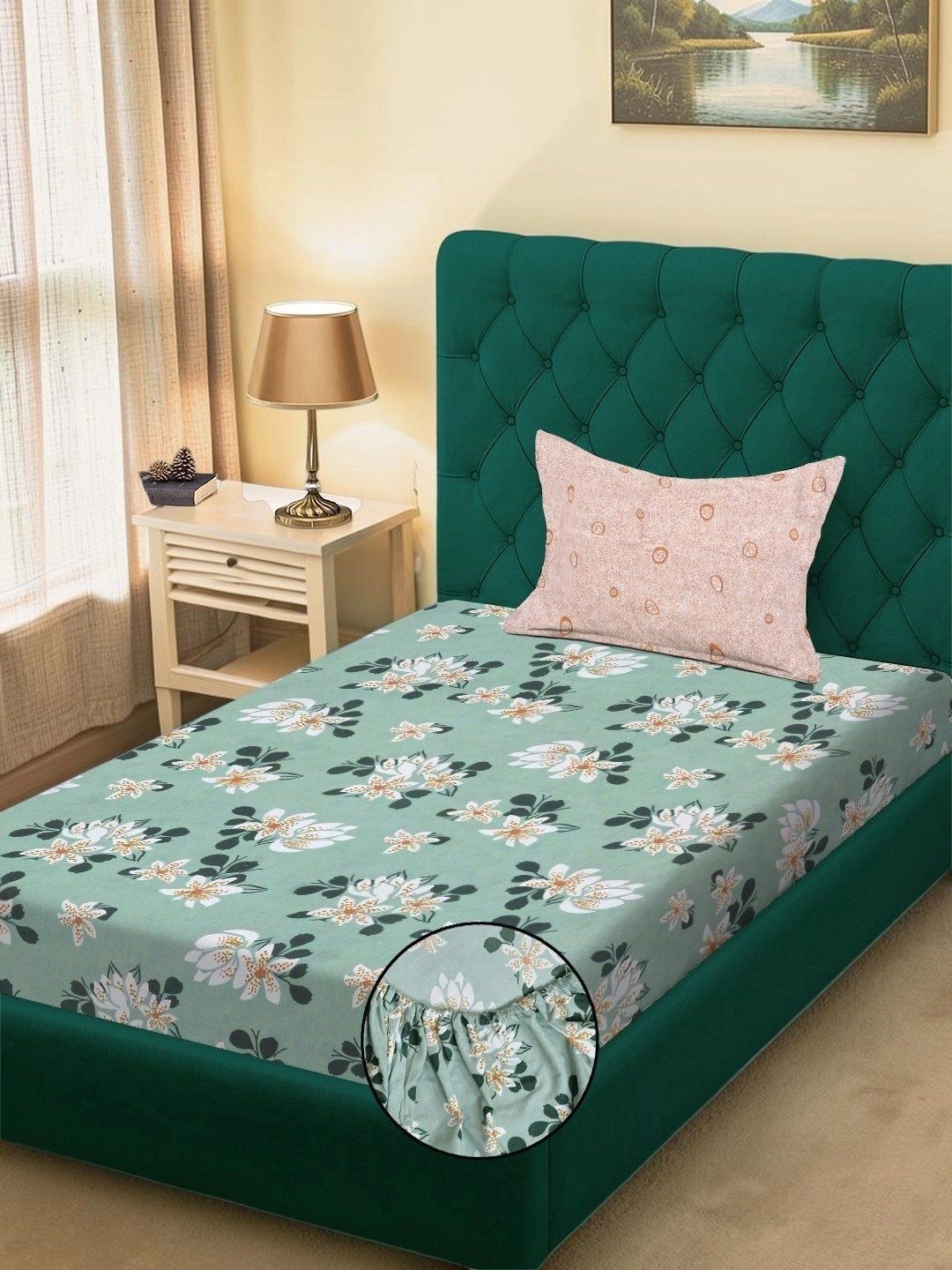 Moda Rapido X KLOTTHE Green & White Floral 300 TC Single Bedsheet with 1 Pillow Covers