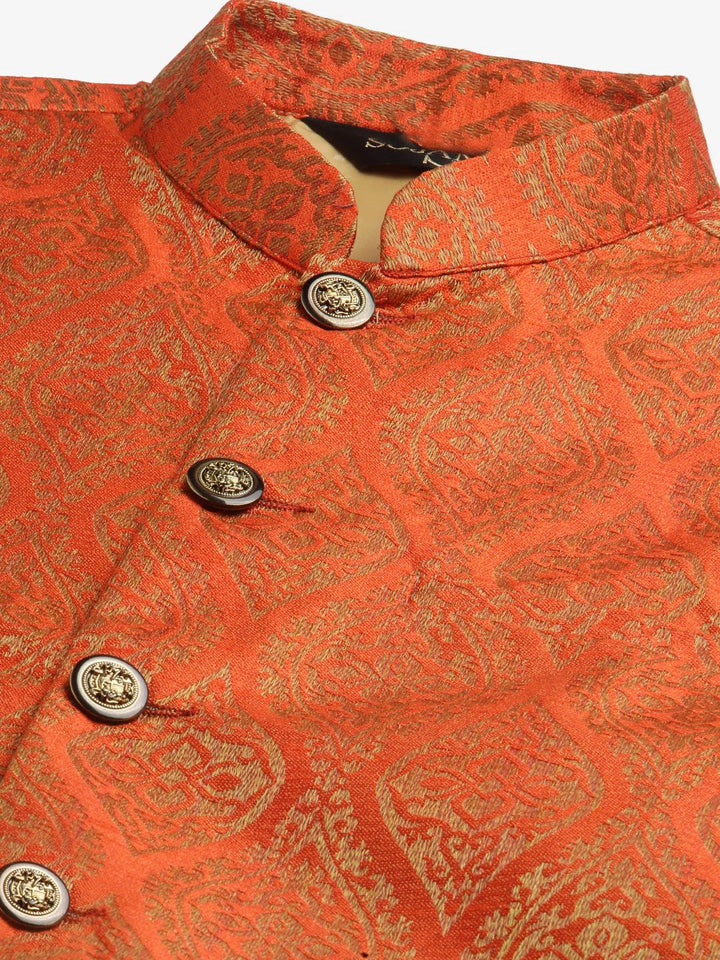 SOJANYA Lelaki Mustard Motif Etnik Kuning Jacquard Kurta dengan Jaket Churidar & Nehru