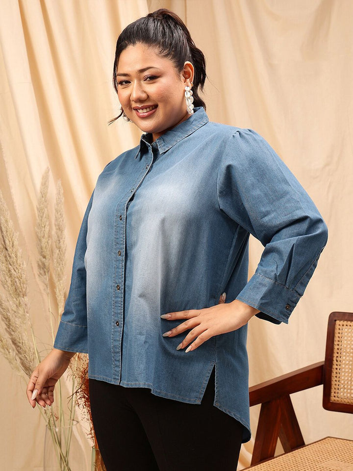 CURVY STREET Blue Comfort Cotton Spread Collar Curved Casual Shirt