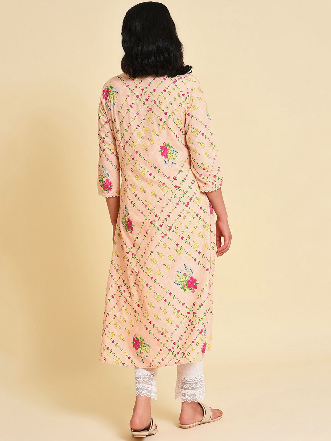 W Women Floral Printed Thread Work A-Line Kurta with Trousers