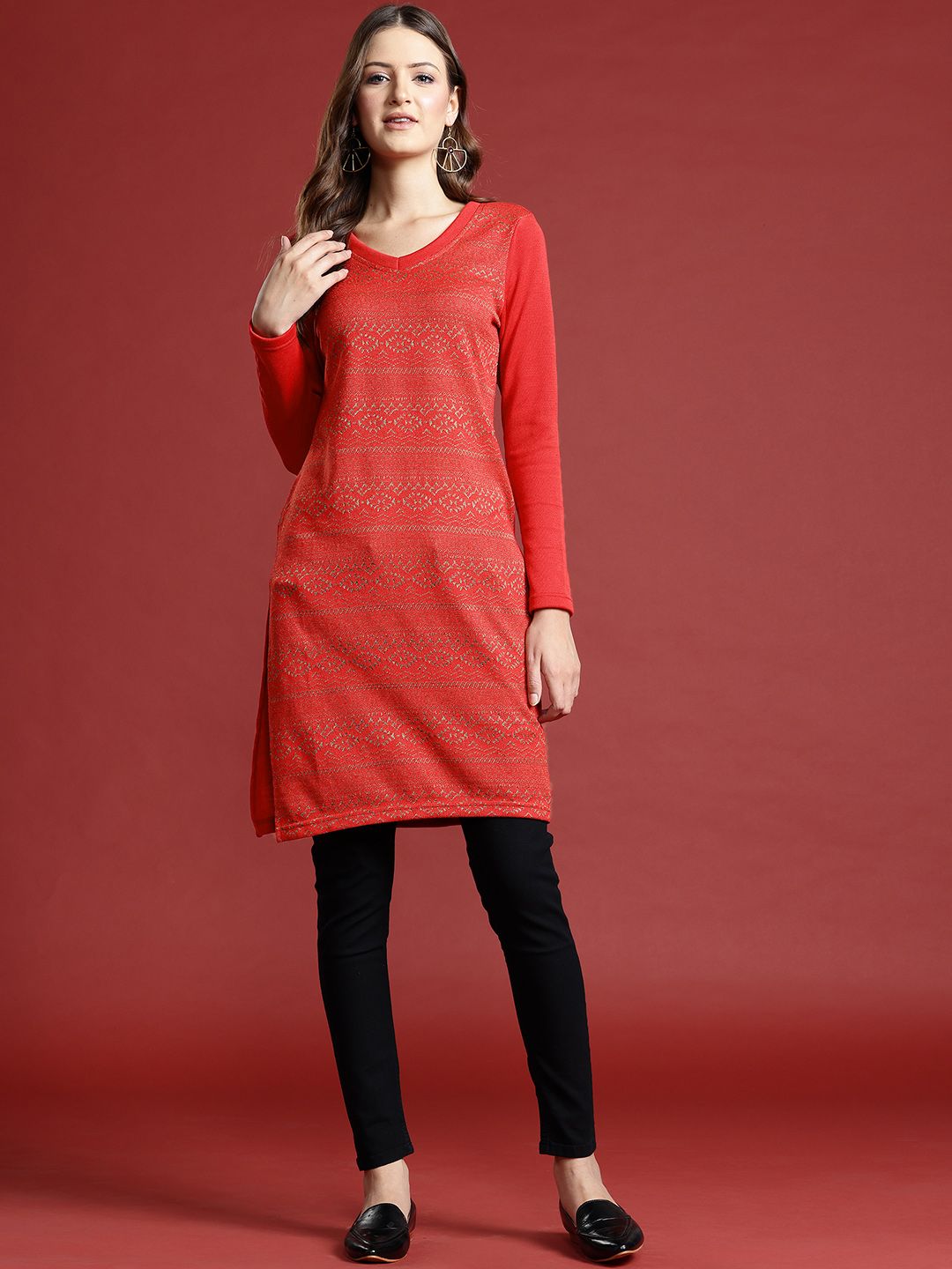 Anouk Geometric Woven Design Winter Kurta