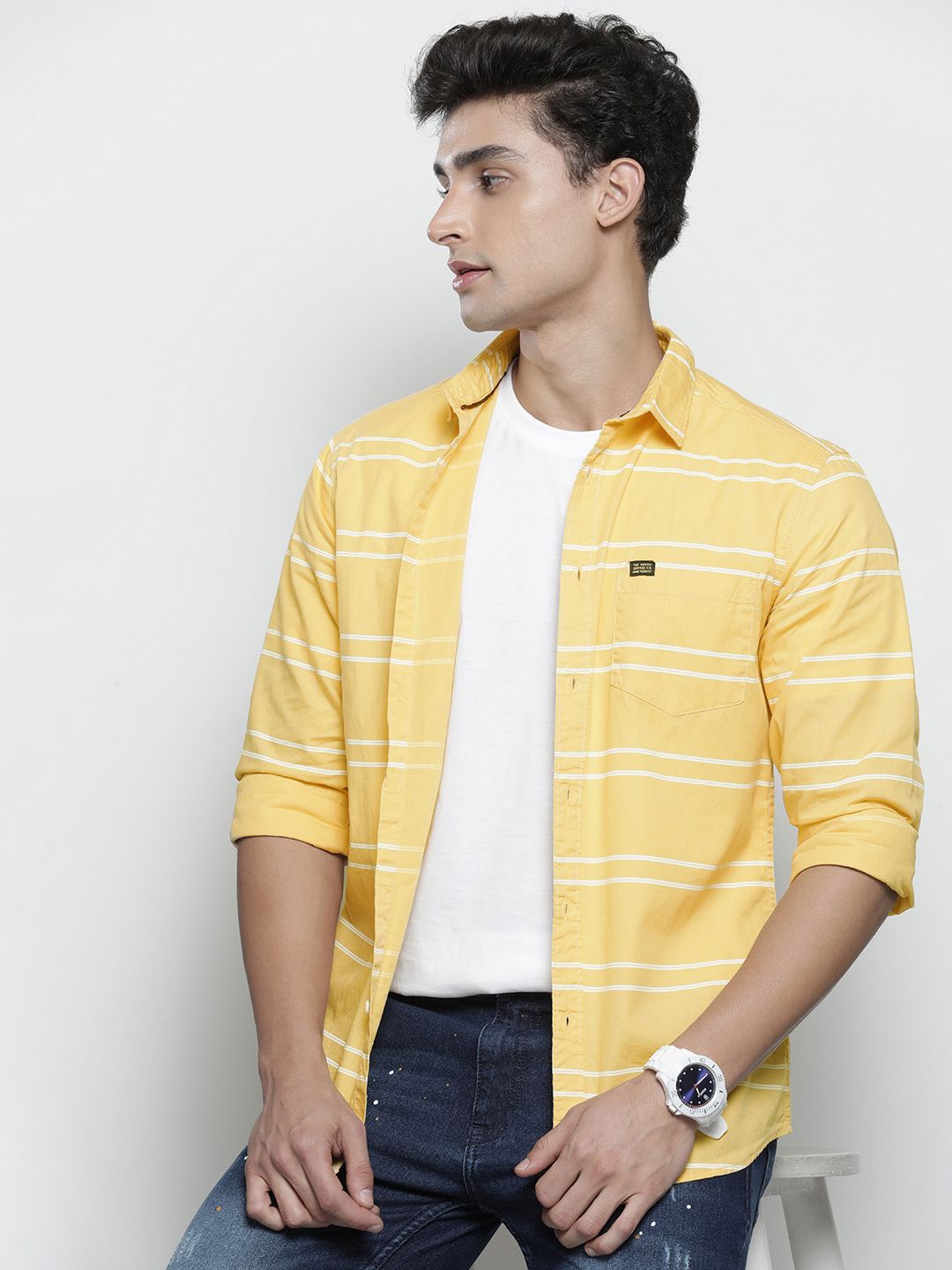 The Indian Garage Co Men Yellow & White Horizontal Striped Pure Cotton Casual Shirt