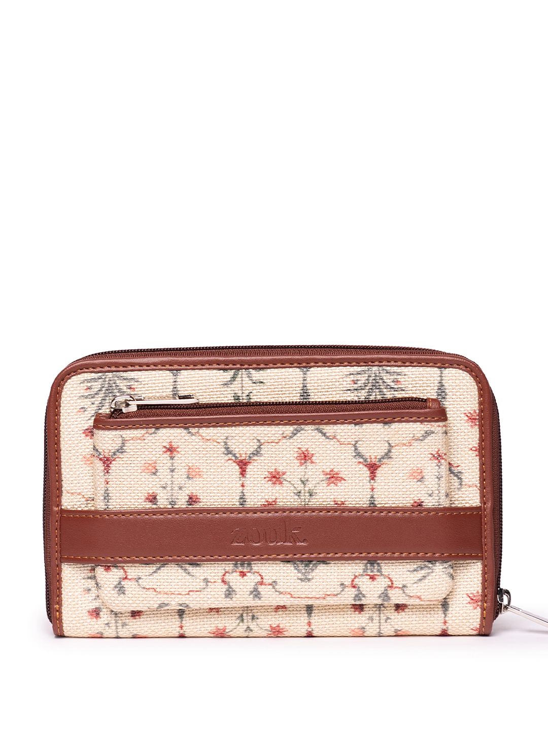 ZOUK Women Cream & Maroon Floral Printed Zip Around Wallet