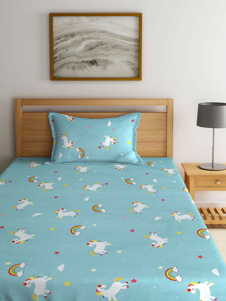 KLOTTHE Blue & White Printed Fitted 300TC Single Bedsheet With 1 Pillow Cover
