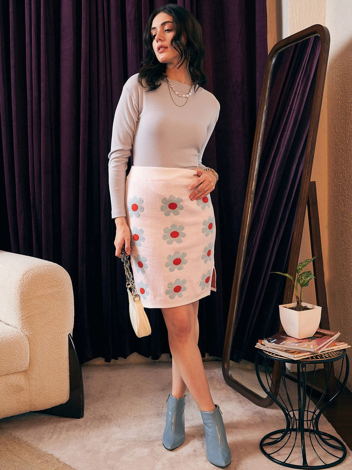 Berrylush White Floral Self Design Acrylic Straight Skirt