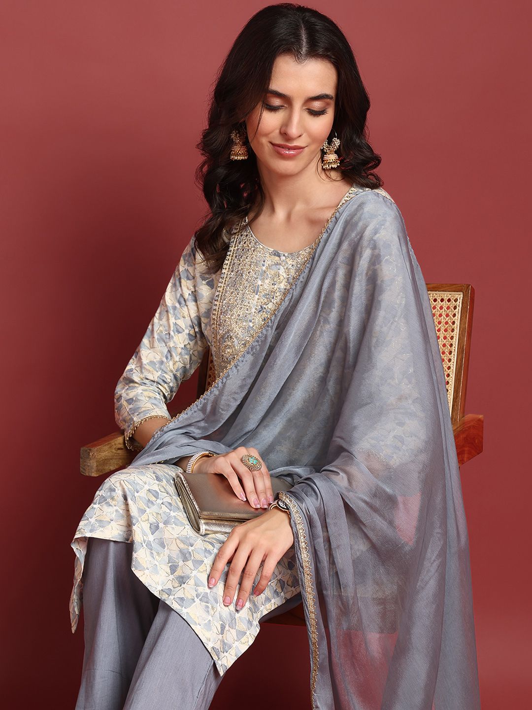 KALINI Women Printed Regular Sequinned Kurta with Trousers & With Dupatta