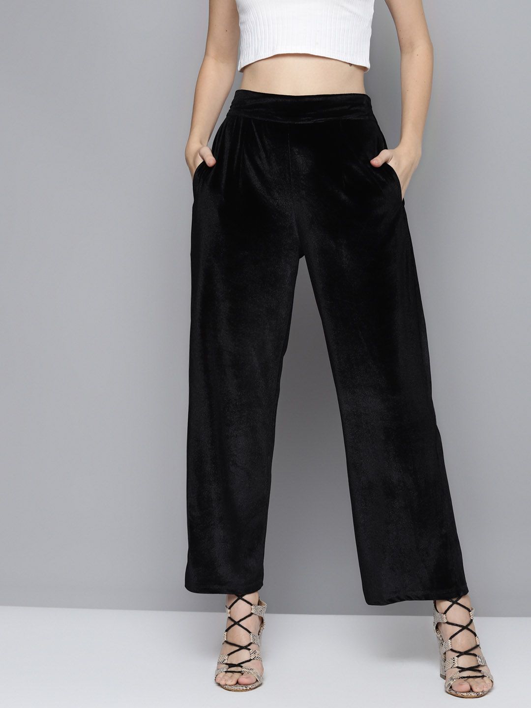 SASSAFRAS Women Black High-Rise Velvet Trousers