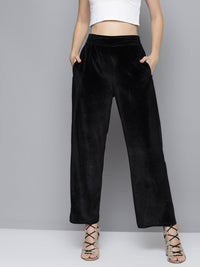 SASSAFRAS Women Black High-Rise Velvet Trousers
