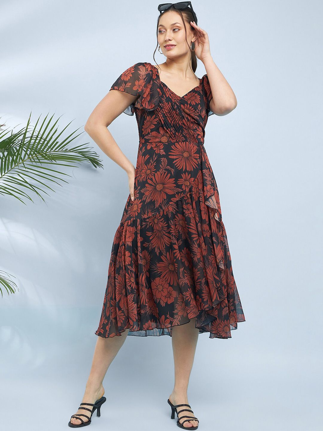 Antheaa Floral Printed Chiffon Fit & Flare Midi Dress
