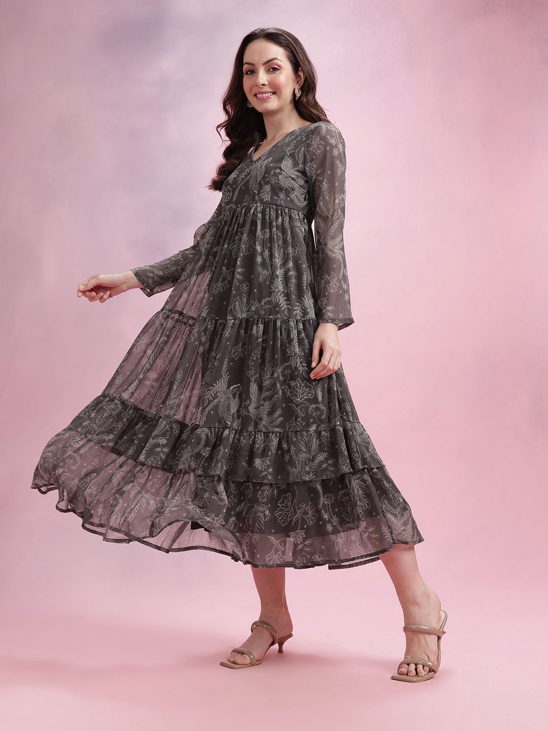 DressBerry Printed Ruffled A-Line Tiered Midi Dress