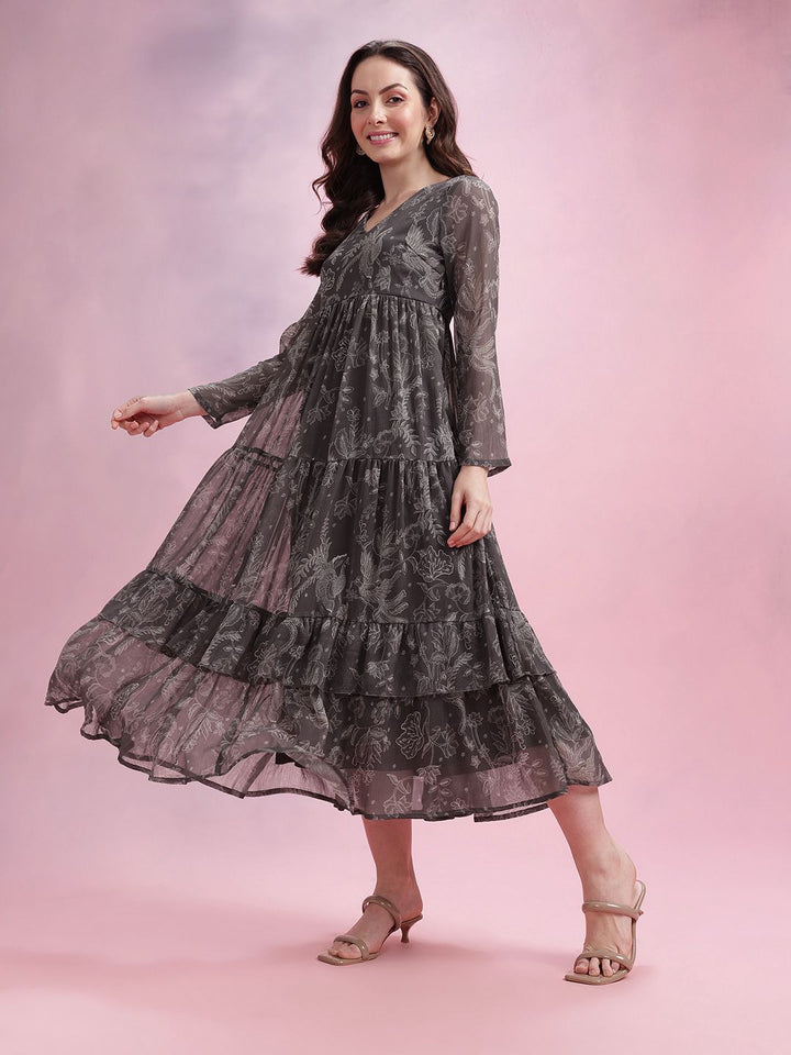 DressBerry Printed Ruffled A-Line Tiered Midi Dress