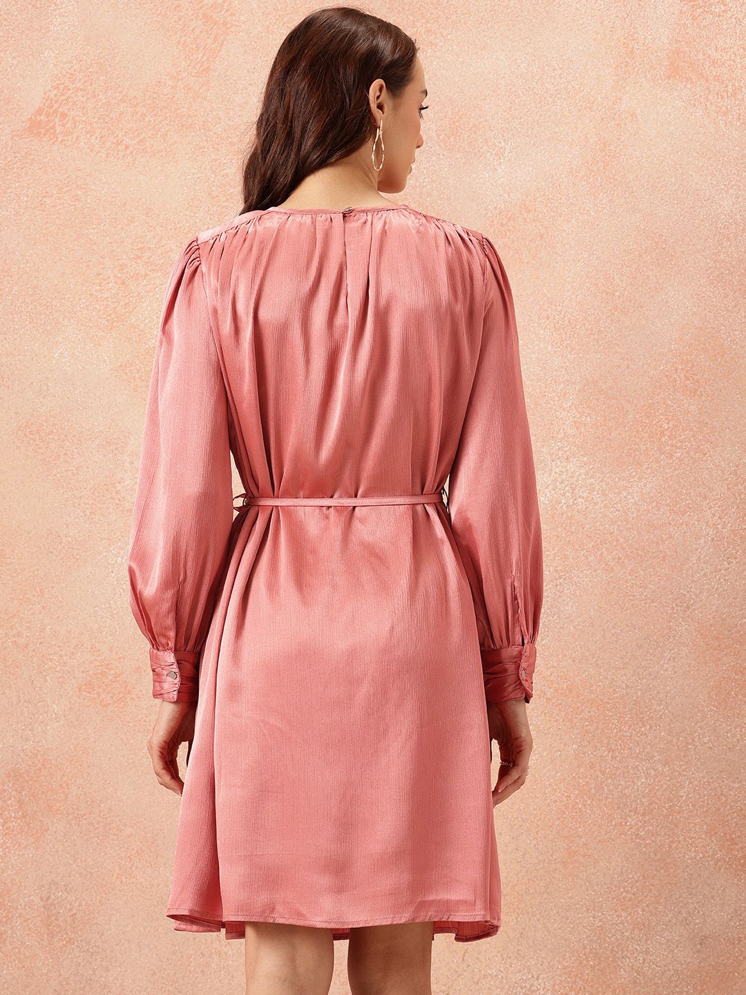 all about you Gathered Detail Bishop Sleeves Party Satin A-Line Dress with Belt
