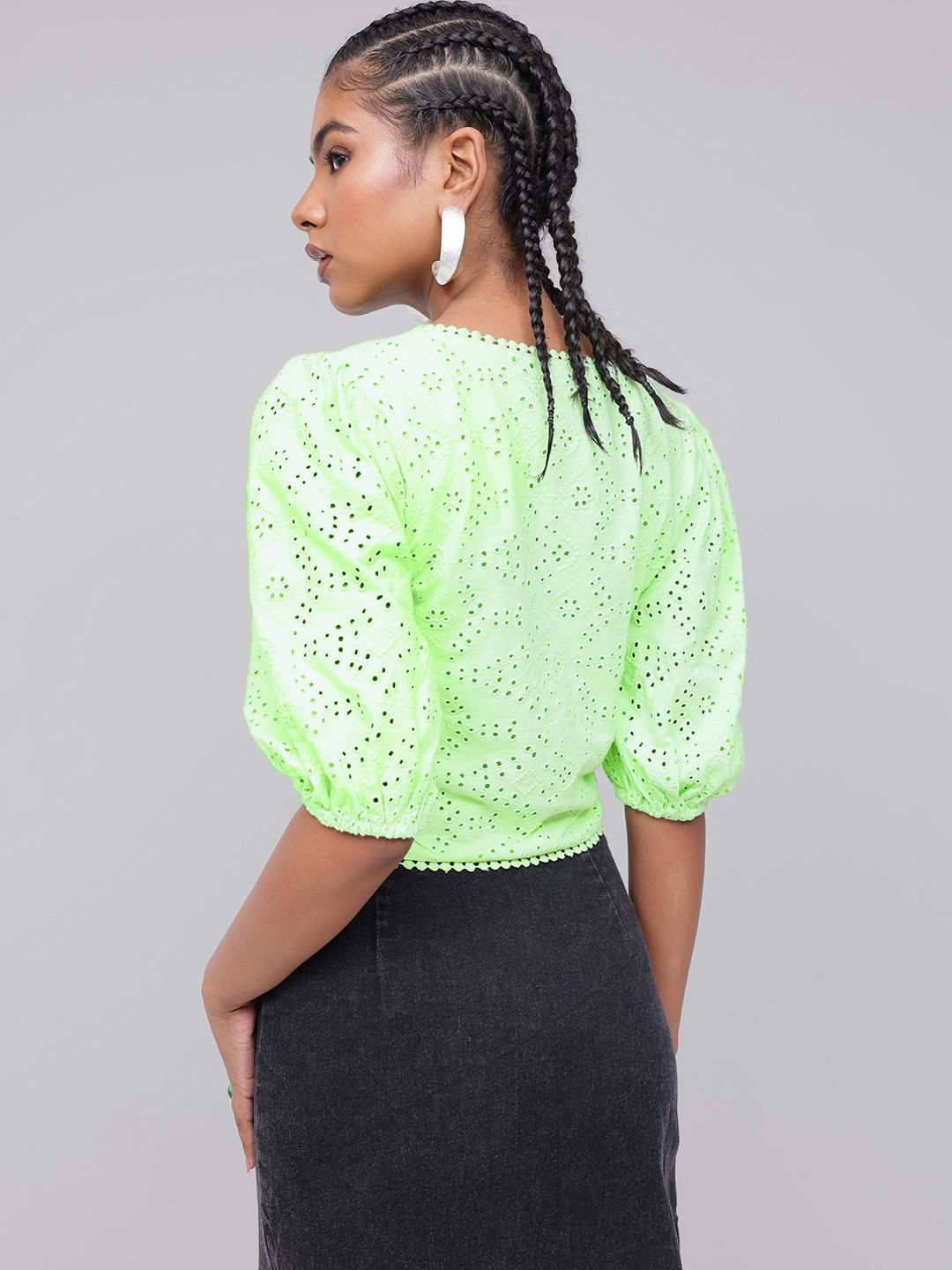 DressBerry Trendy Puff Sleeves Schiffli Top