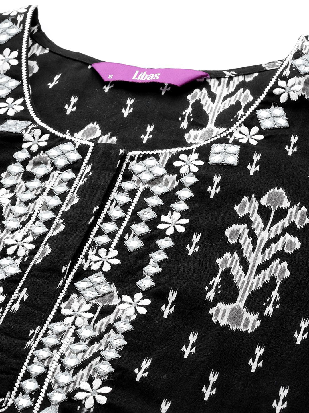 Libas Floral Printed Regular Mirror Work Pure Cotton Kurta With Trousers & Dupatta