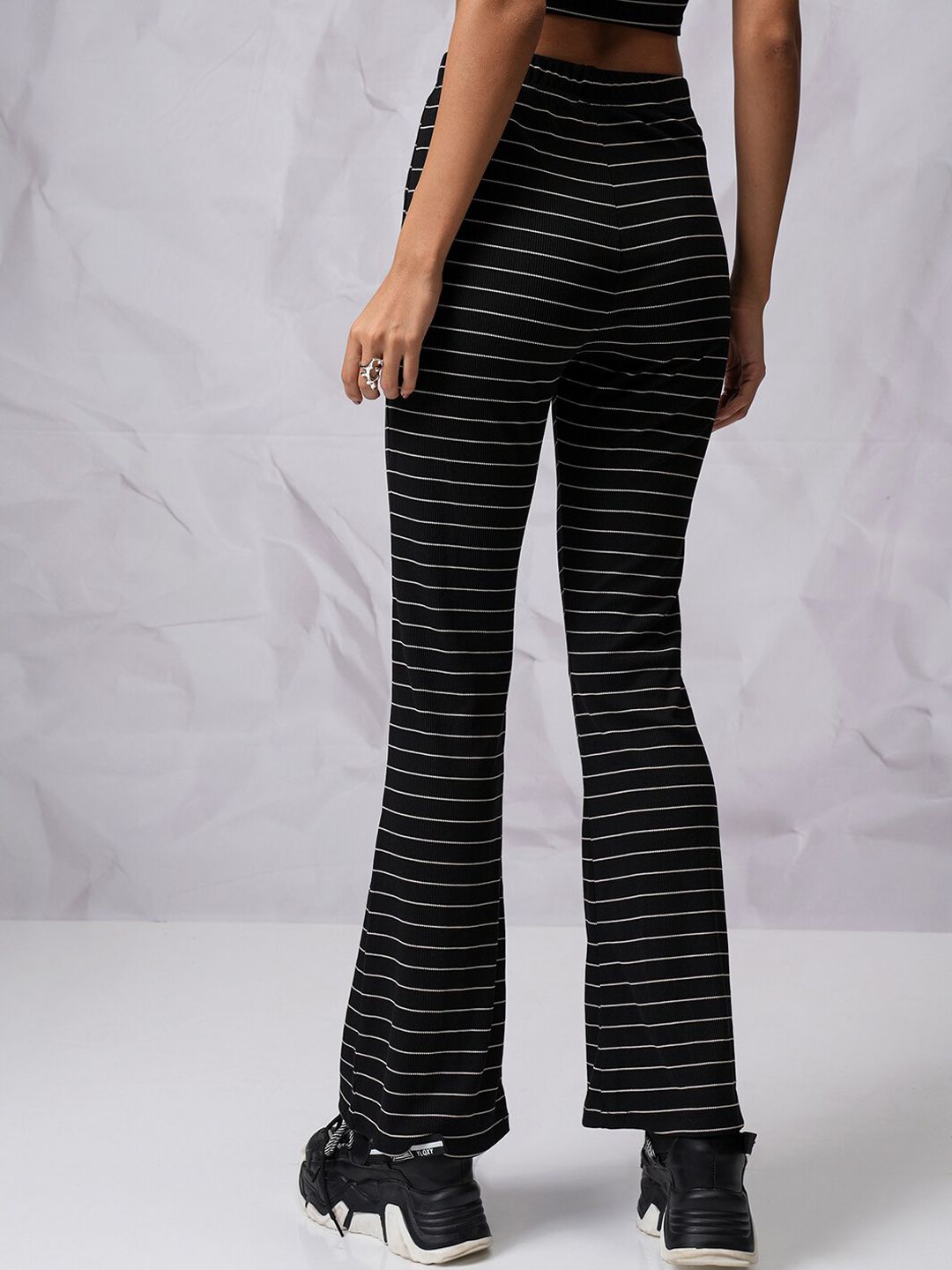 Tokyo Talkies Women Black & White Striped Flared High Rise Bootcut Trousers