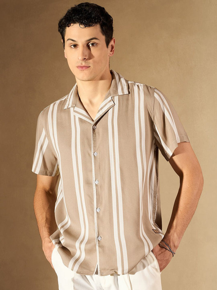 DENNISON Vertical Striped Printed Cuban Collar Smart Casual Shirt