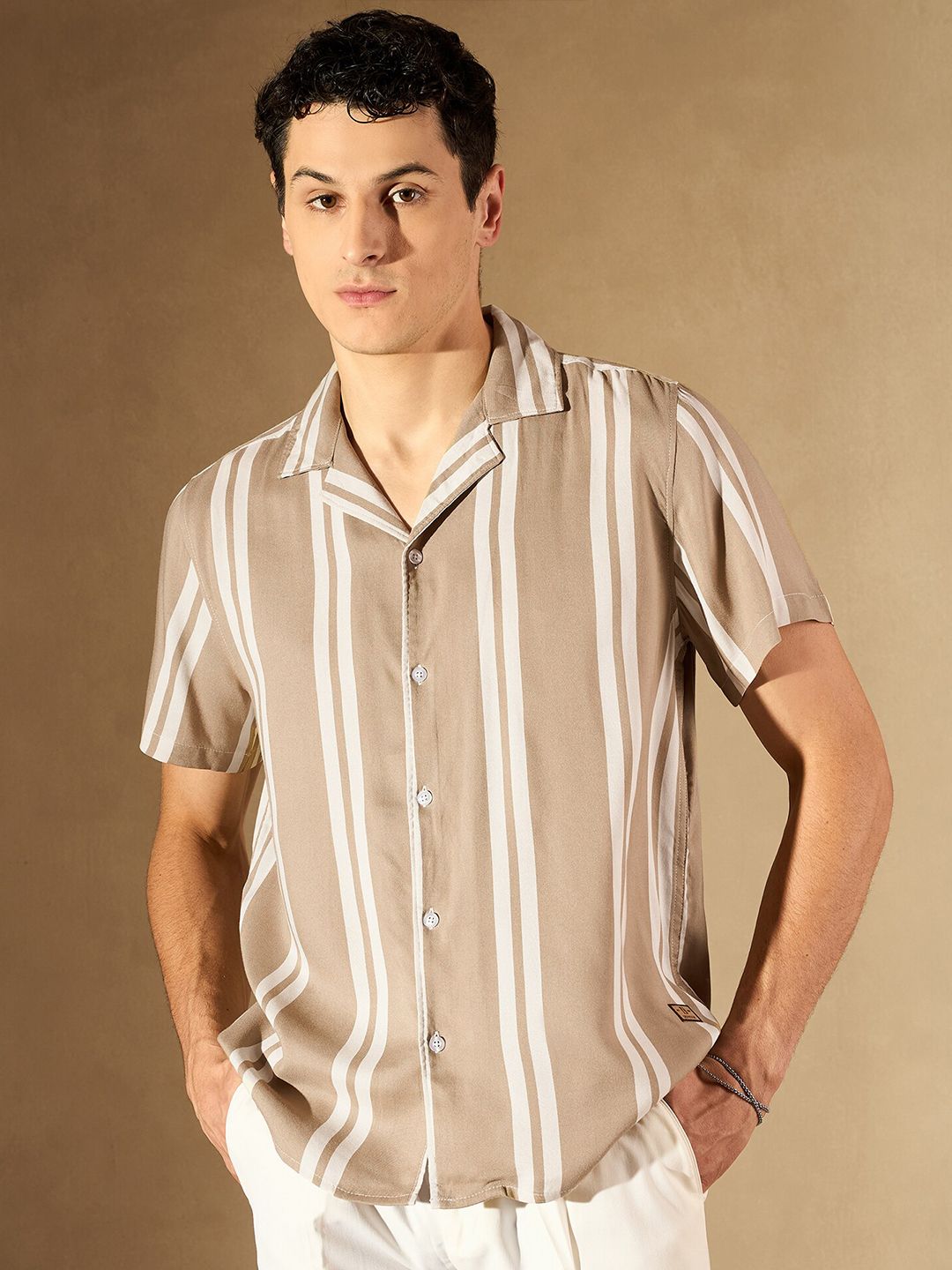 DENNISON Vertical Striped Printed Cuban Collar Smart Casual Shirt