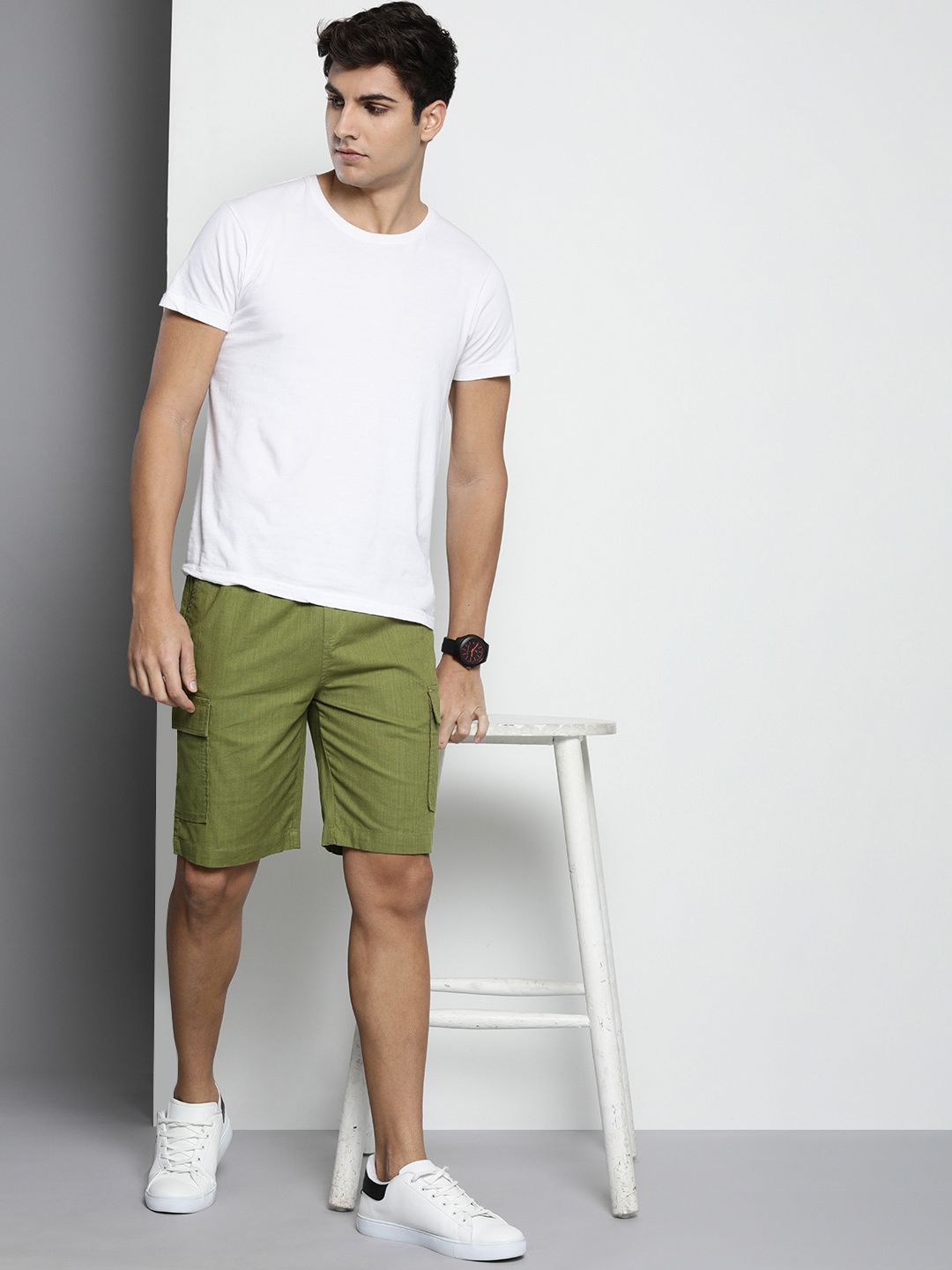 The Indian Garage Co Men Linen Cotton Slim Fit Cargo Shorts