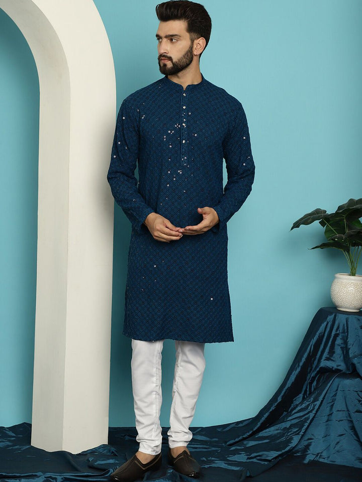 SOJANYA Geometric Embroidered Mandarin Collar Long Sleeves Pure Cotton Kurta With Churidar