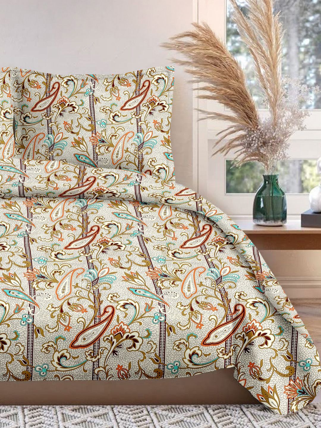 Cortina Glazed Cotton Brown Paisley  140 TC King Bedsheet with 2 Pillow Covers