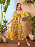 SASSAFRAS Floral Printed Flared Sleeve Front Tie Up Fit & Flare Midi Dress
