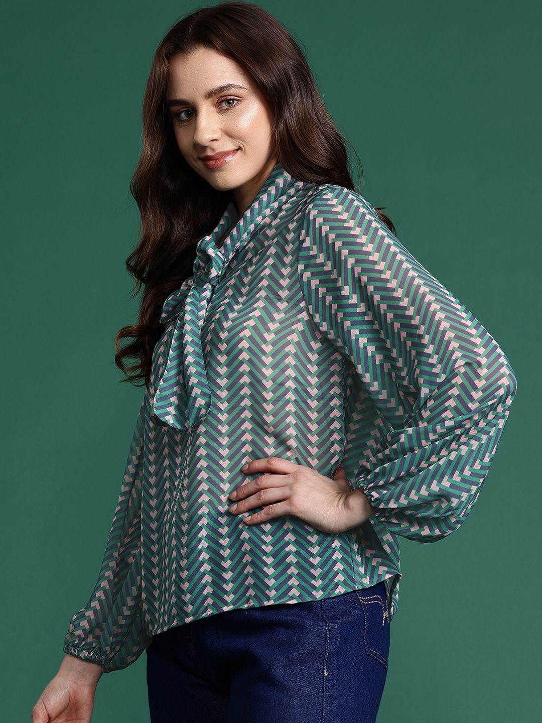 DressBerry Geometric Print Tie-Up Neck Puff Sleeves Top