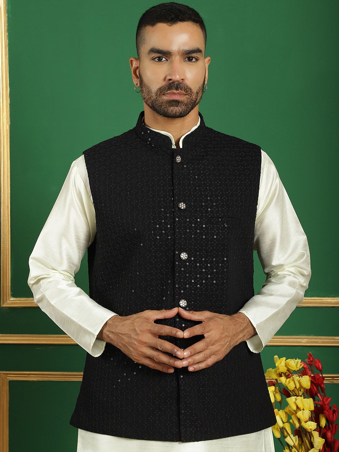 Anouk Black Embroidered Mandarin Collar Sequinned Detailed Nehru Jacket