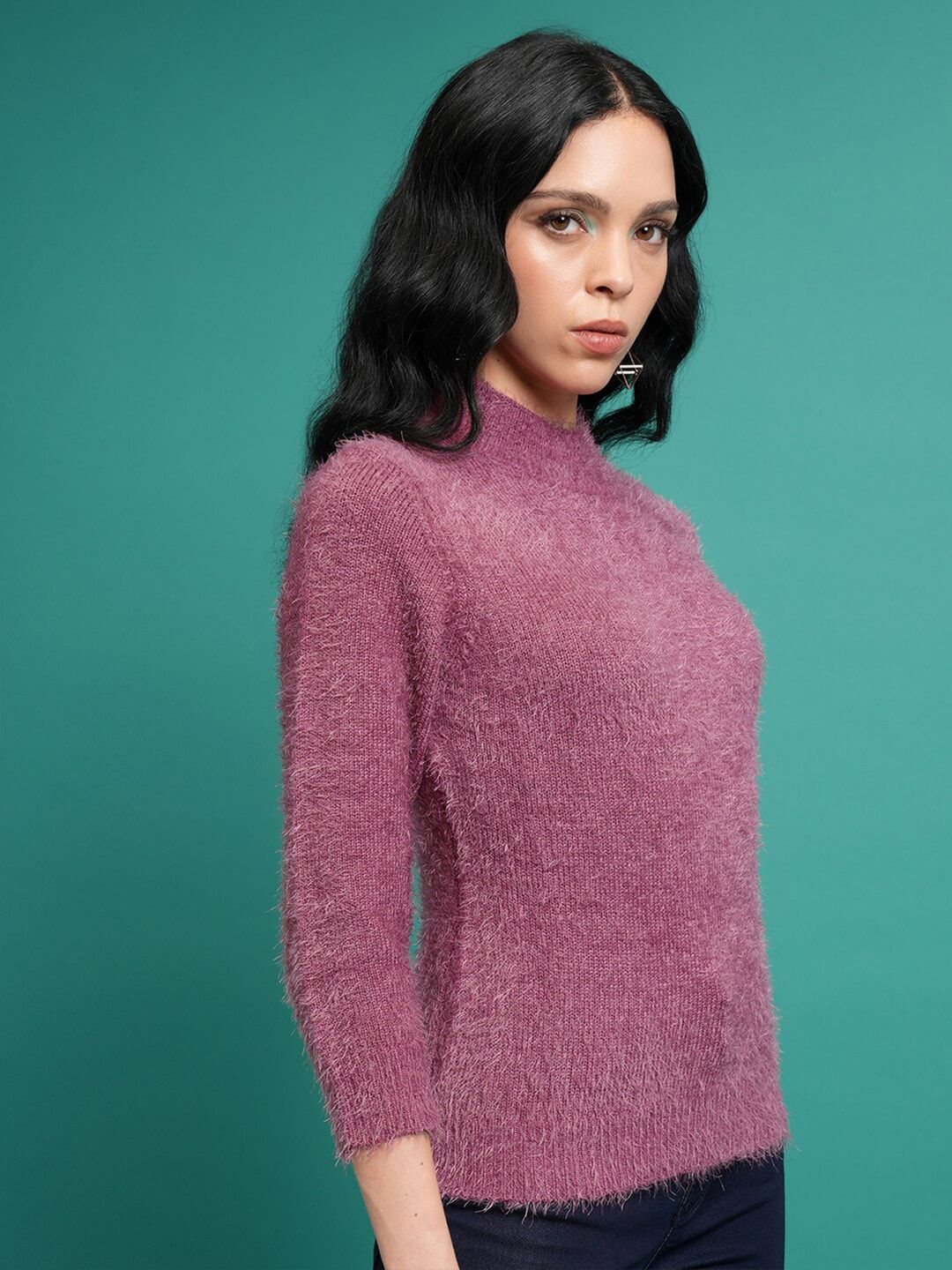 Tokyo Talkies Purple Mock Collar Acrylic Pullover
