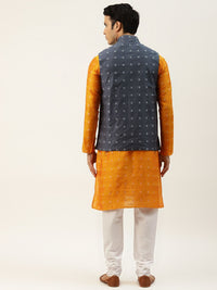 SOJANYA Men Orange Ethnic Motifs Kurta with Churidar & Nehru Jacket