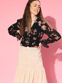 SASSAFRAS Black & White Floral Print Bishop Sleeves Georgette Wrap Top