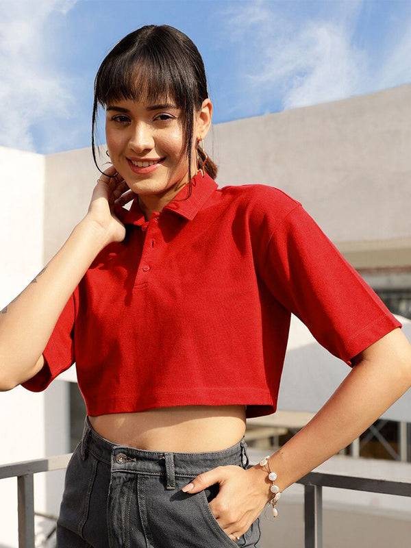 STREET 9 Red Polo Collar Drop Shoulder Sleeves Crop Pure Cotton Oversized T-shirt