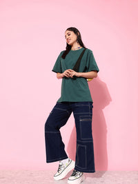 DILLINGER Green & Yellow Typography Printed Oversized Pure Cotton Longline T-shirt