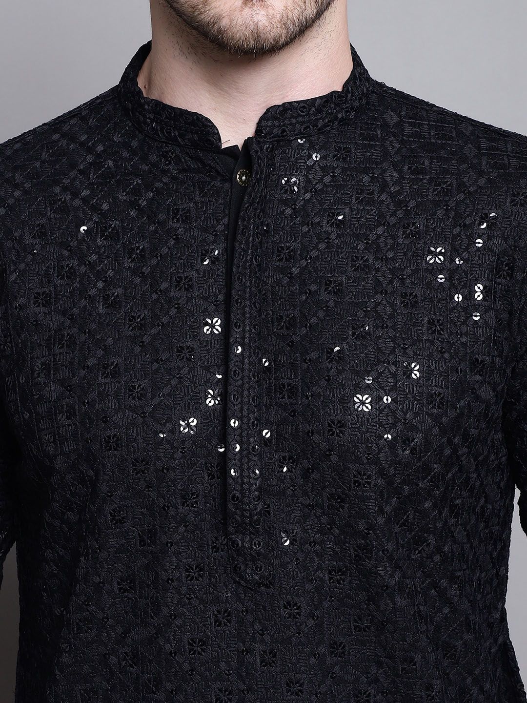 Jompers Geometric Self Design Sequinned Pure Cotton Kurta With Pyjamas
