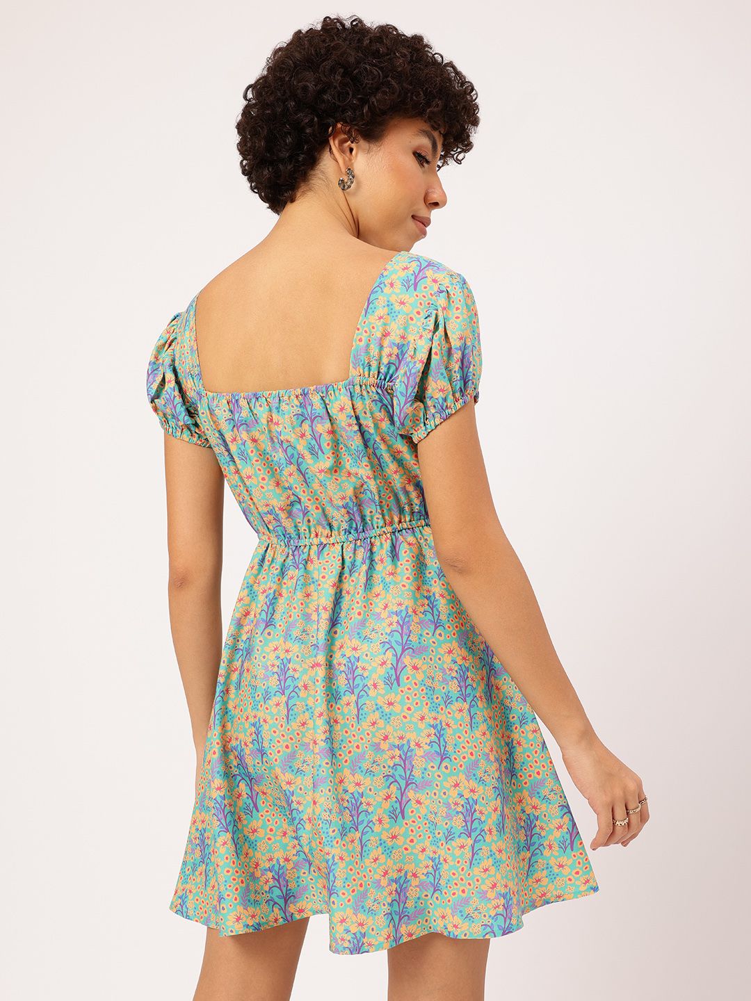 DressBerry Floral Frenzy Square Neck Puff Sleeves Fit & Flare Dress