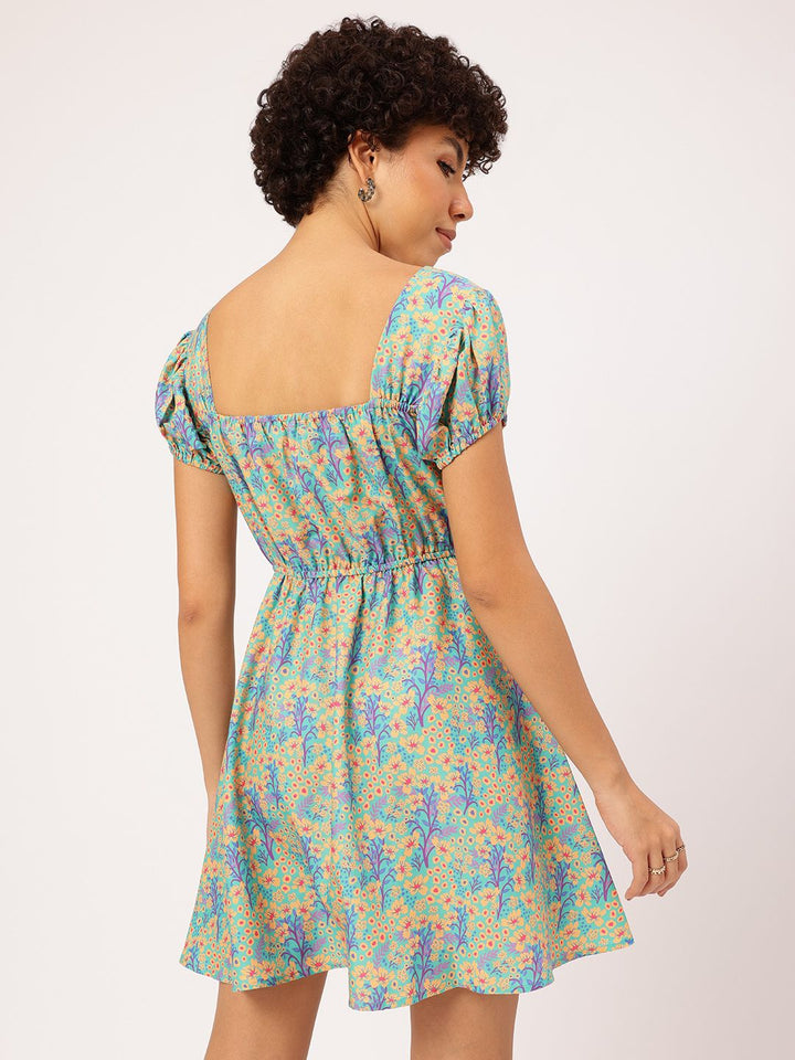 DressBerry Floral Frenzy Square Neck Puff Sleeves Fit & Flare Dress