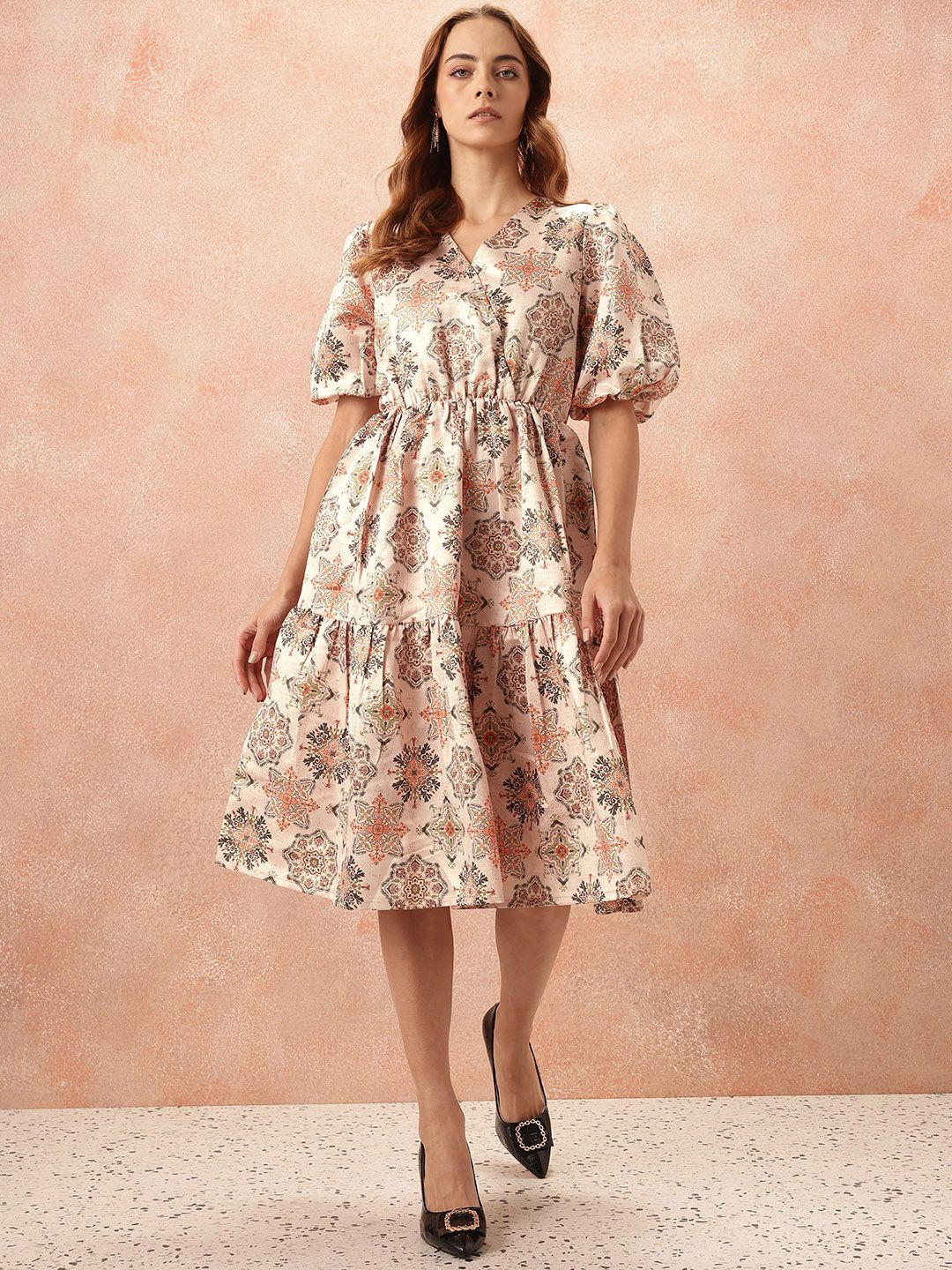 all about you Ethnic Motifs Print Puff Sleeves Wrap-Style Dress
