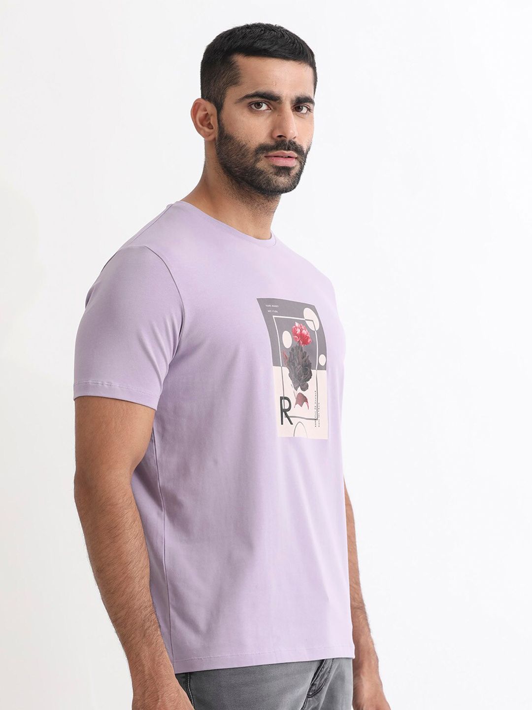 RARE RABBIT Men Dryden Graphic Printed Slim Fit Cotton T-Shirt