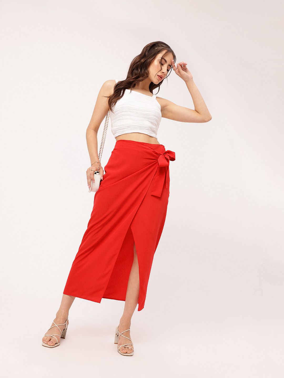 DressBerry Women Coquette Bow Front Slit Wrap Midi Skirt